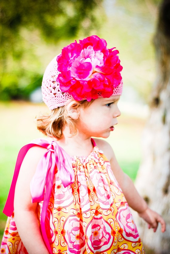 New...Light Pink Cotton Crocheted Kufi Hat with Large Bright Pink Shaded Peony Flower with Rhinestone Clip